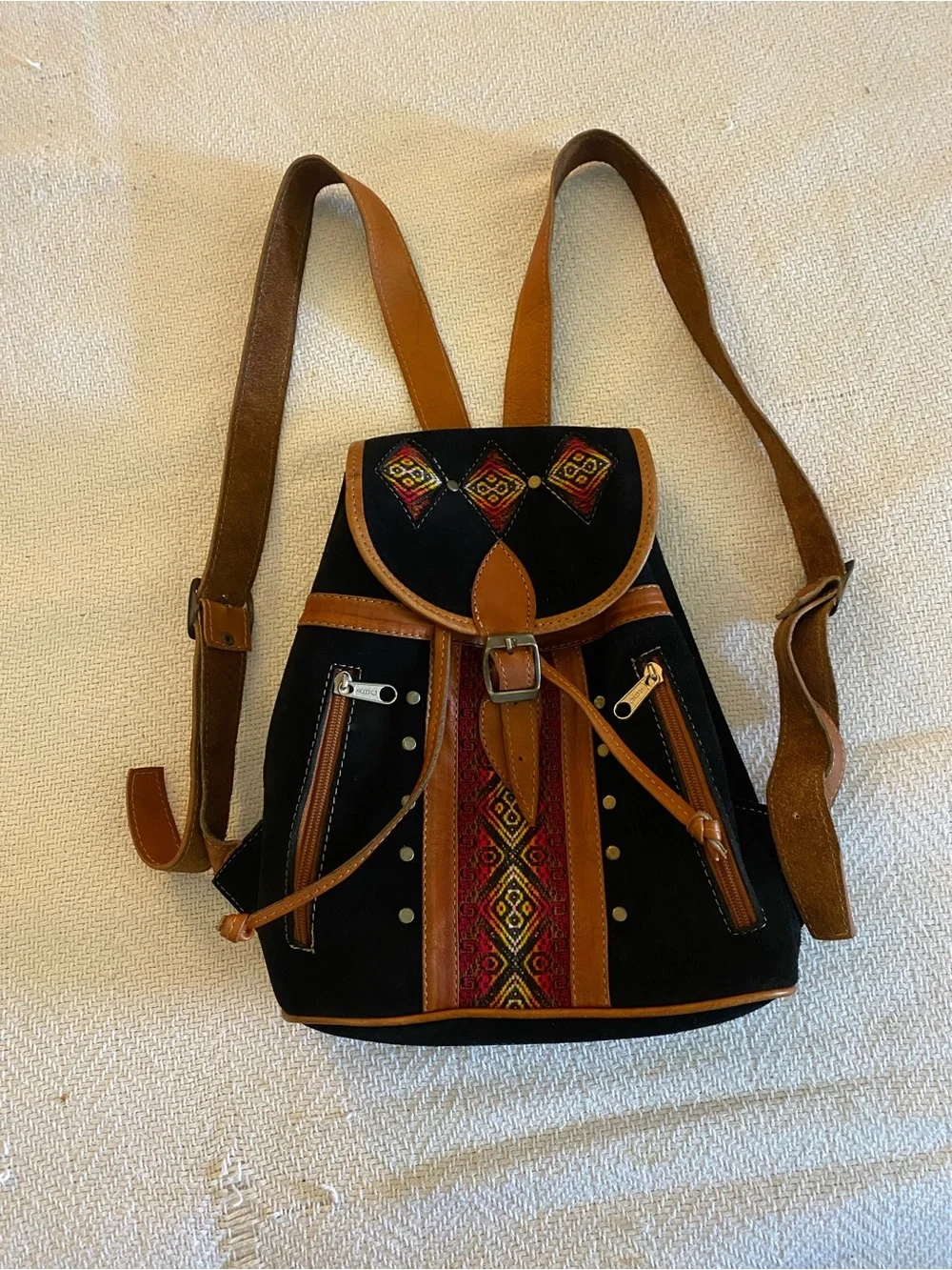 Midsize Black & Brown Embroidered Suede Backpack